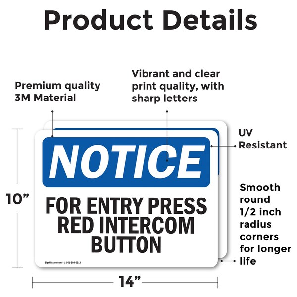 For Entry Press Red Intercom Button, 14 In W X Rectangle, Vinyl Decal